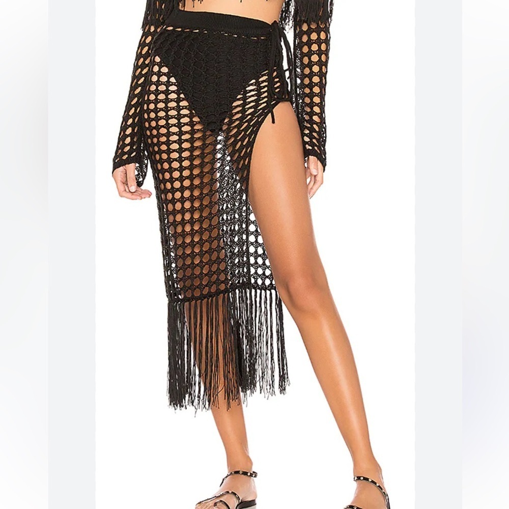 Lovers + Friends Black Stellar Crochet Midi Skirt Cover UP with Fringe Size XS